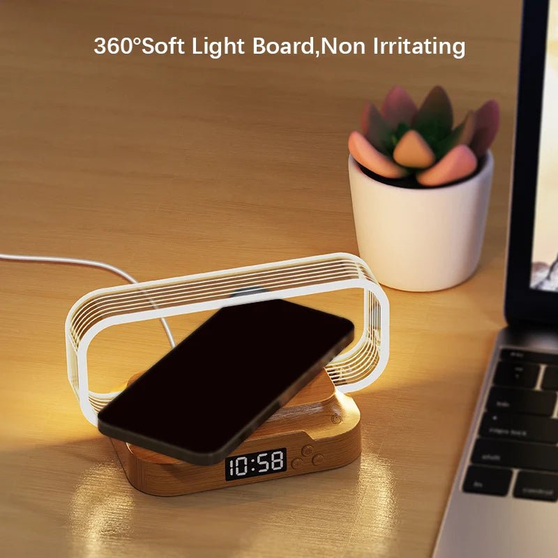 LED-Tischlampe mit kabellosem Ladegerät, Uhr & Handyhalter – WR06 WR06 Tischlampe mit Wecker und Smartphone-Halterung