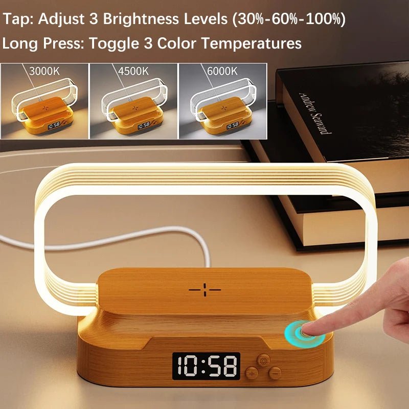 LED-Tischlampe mit kabellosem Ladegerät, Uhr & Handyhalter – WR06 LED-Nachttischlampe WR06 mit dimmbarem Licht