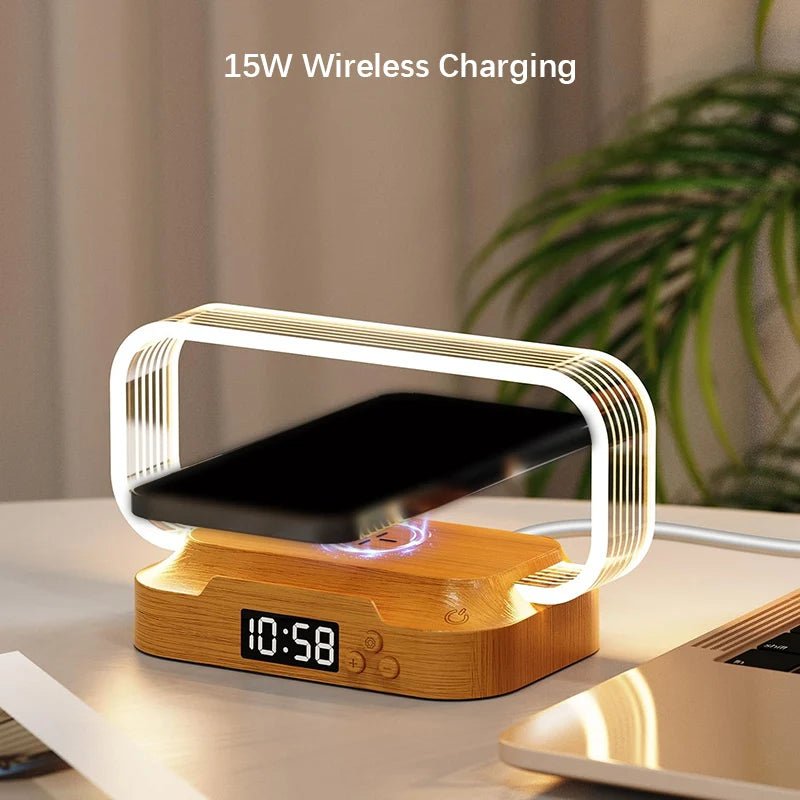 LED-Tischlampe mit kabellosem Ladegerät, Uhr & Handyhalter – WR06 WR06 4-in-1 Tischleuchte mit Qi-Ladefläche und Digitaluhr