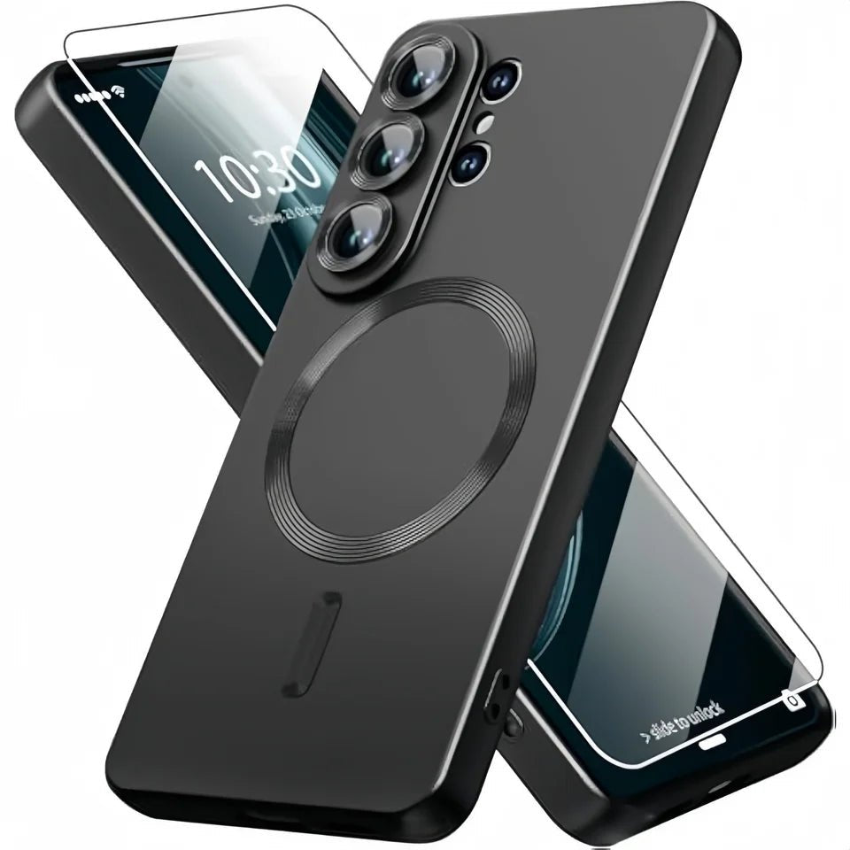 Samsung Galaxy S26 / S26 Plus / S26 Ultra – Magnetische Schutzhülle mit Metallic-Look & Displayschutz Samsung Galaxy S26 Hülle mit Displayschutzfolie – Schwarz
